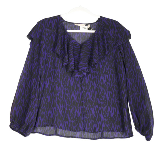 Soft Surroundings Blouse Womens Petite Medium PM Purple Wild Animal Ruffle Sheer - Picture 1 of 6